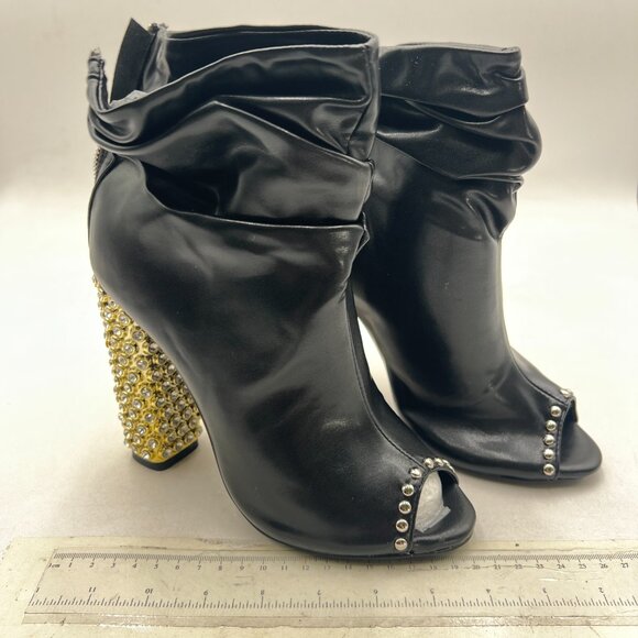 FSJ Black Stylish Peep Toe Slouch Ankle Boots Chunky Stacked Heels Crystal Shoes - Picture 4 of 8